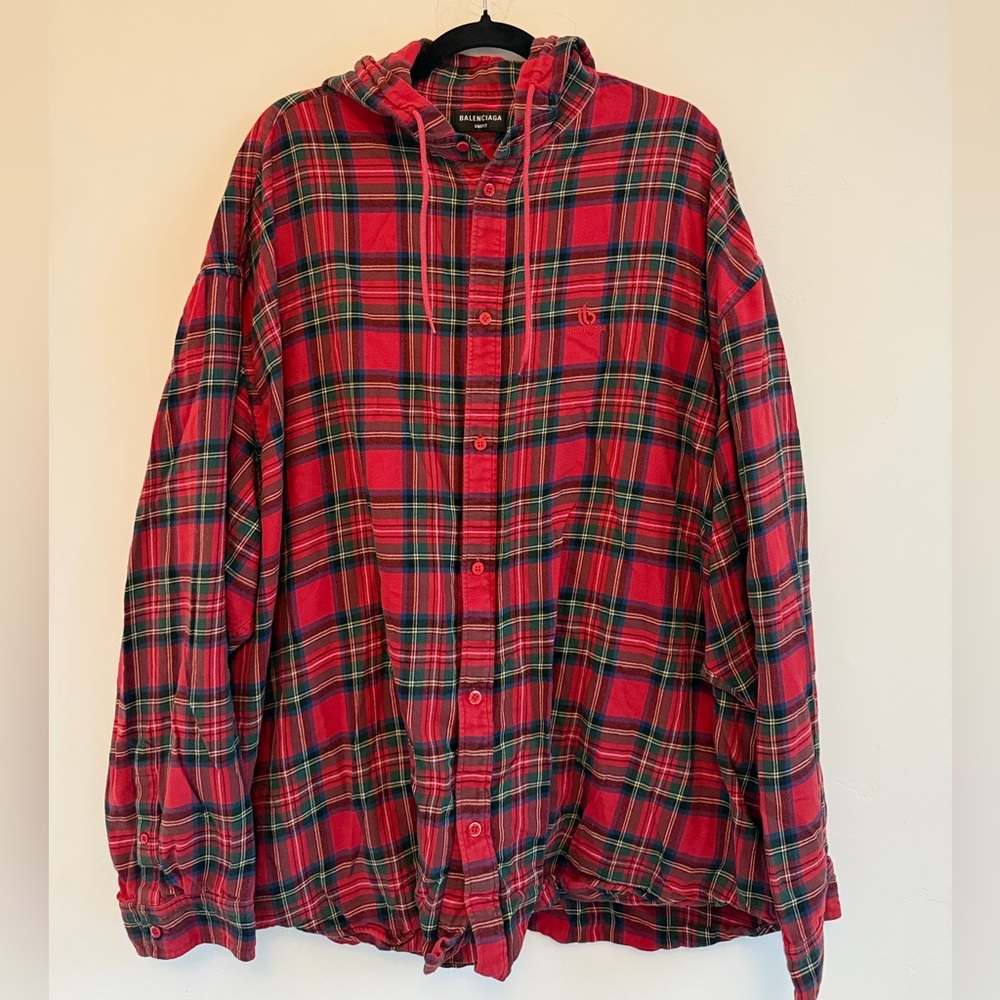 Balenciaga Red and Green Plaid Hooded Shirt